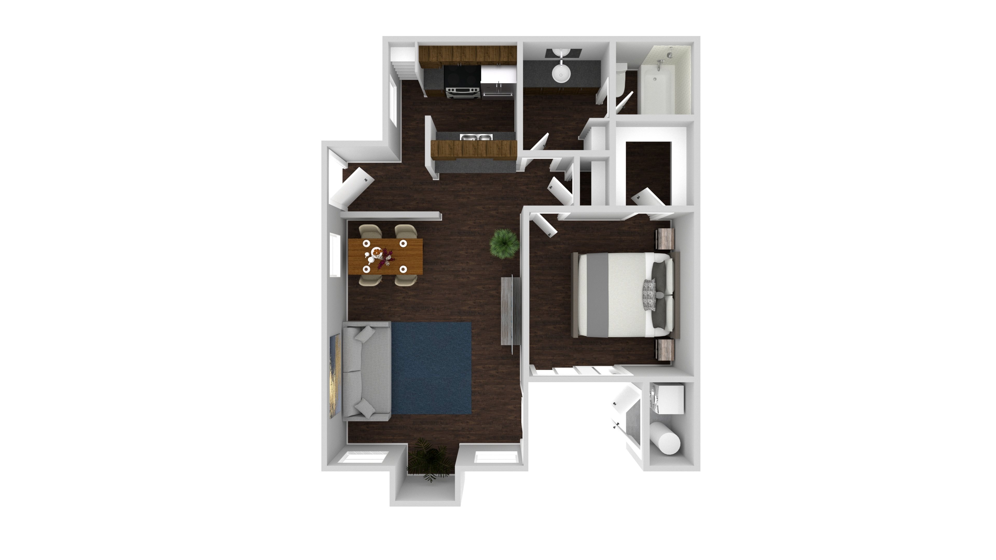 A top down view of a house with a kitchen, living room, and bathroom.